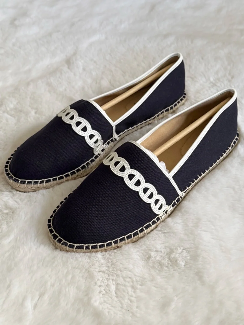 TALBOTS NIB 10 1/2 Izzy Chain Canvas Espadrille Flats in Indigo Blue / White NWT